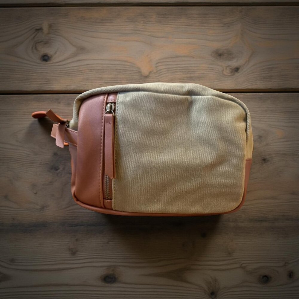 Mens Tan Canvas & Faux Leather Grooming Bag With Zipper Closure